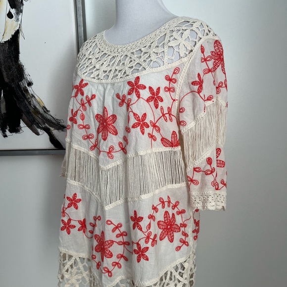 Oliver Orange & Ivory Embroidered Crochet Boho Top Size Small - Picture 5 of 9
